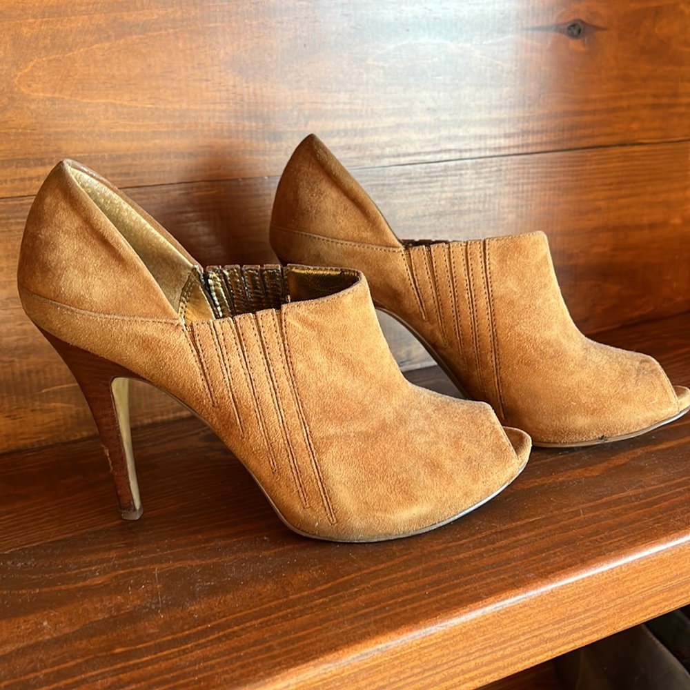 Guess by Marciano Brown Suede Booties, Open Toe. Size 7.5